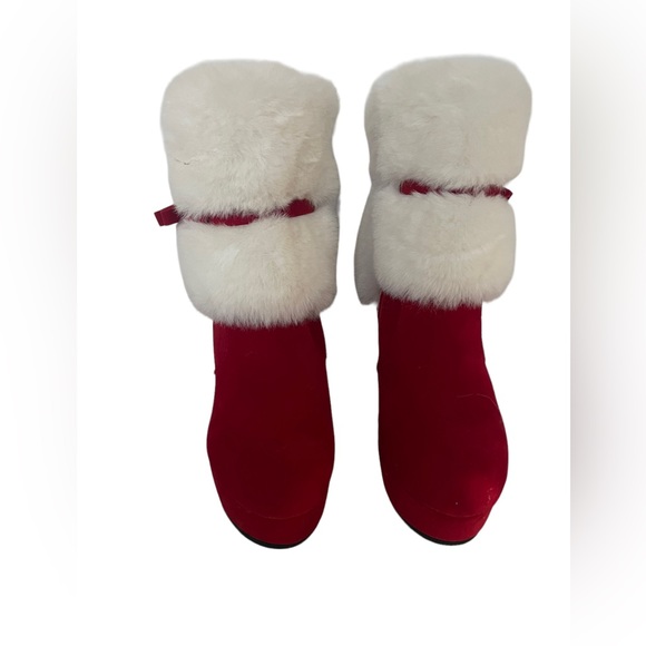 Red Women's Winter Fur Ankle Boots Fur Chunky High Heel Santa Booties 10.5 - Picture 9 of 14